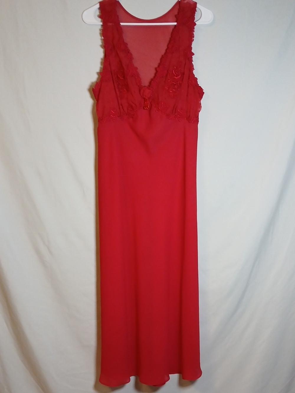 90s Vintage Red Lace-Trim Long Sheer Nightgown - Women Intimates